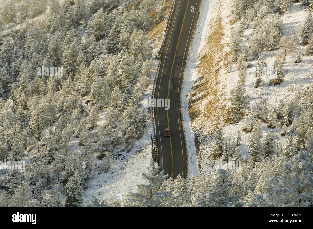 High angle view of a car on the road, Chief Joseph Scenic Byway, Wyoming, USA Stock Photo