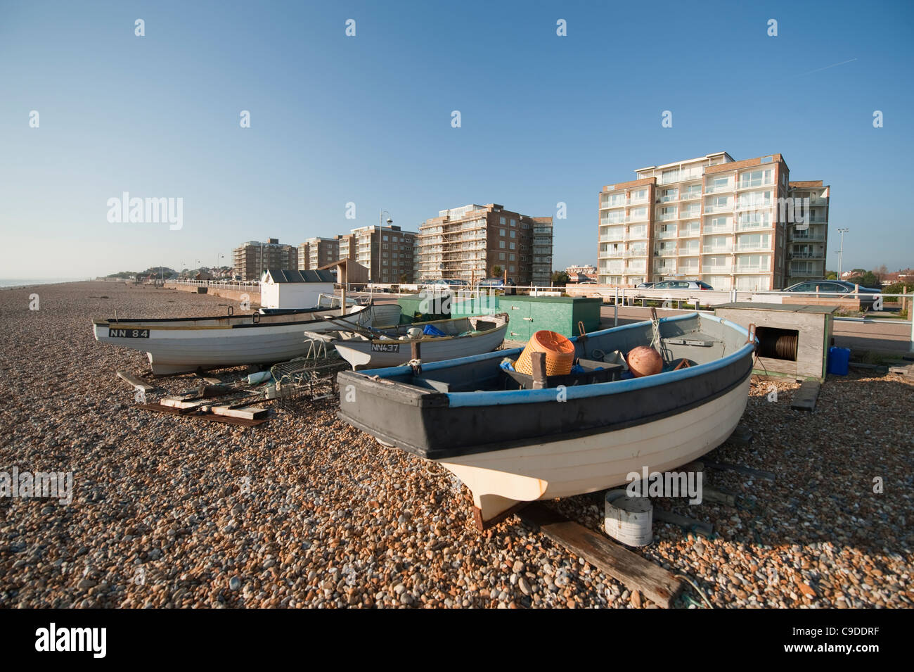 Seafront and flats at Bexhill on Sea, East Sussex, England with beached