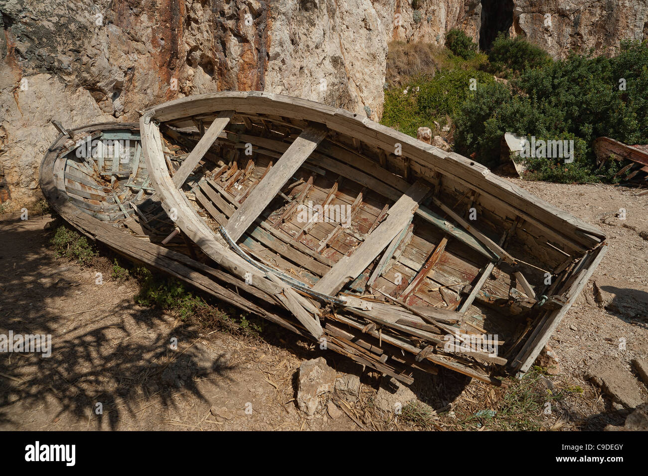 Old wrecked wooden boats. Stock Photo