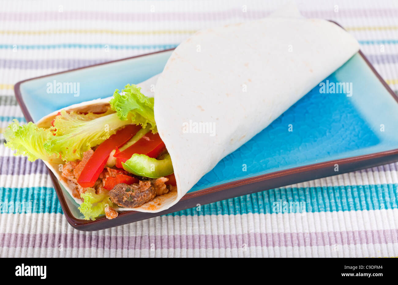 Spicy chicken with salad wrapped in a soft flour tortilla Stock Photo