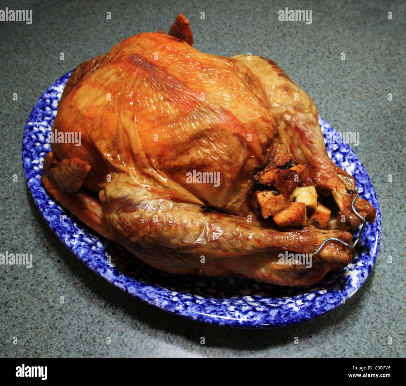 baked and stuffed turkey on a blue and white platter Stock Photo