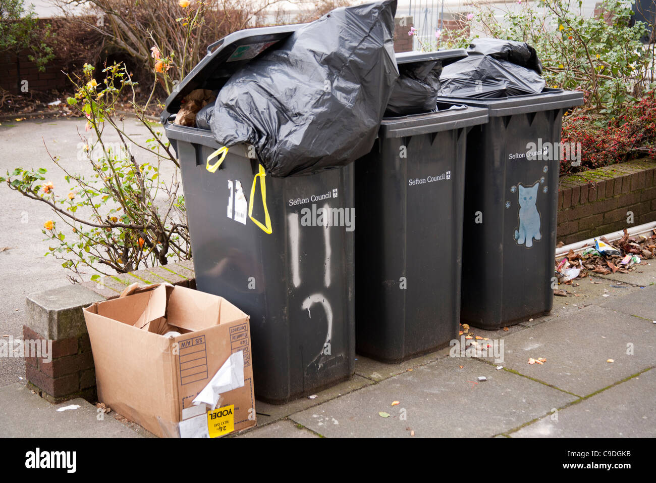 Bins overflowing with rubbish. Filled with non recycled waste, these