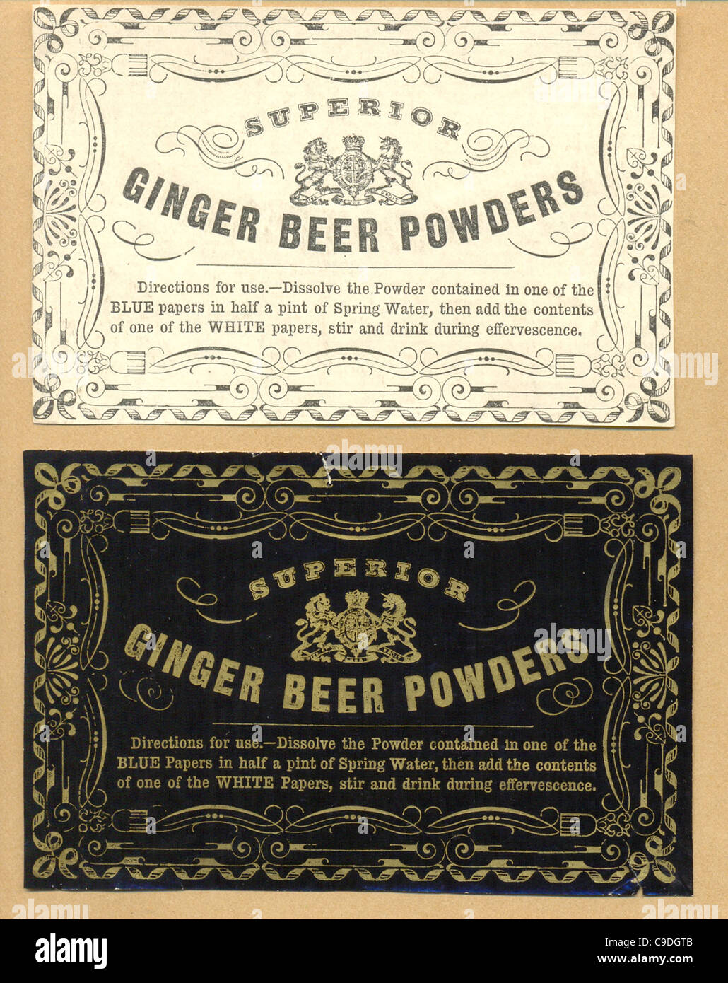 Victorian labels for Ginger Beer Powders Stock Photo