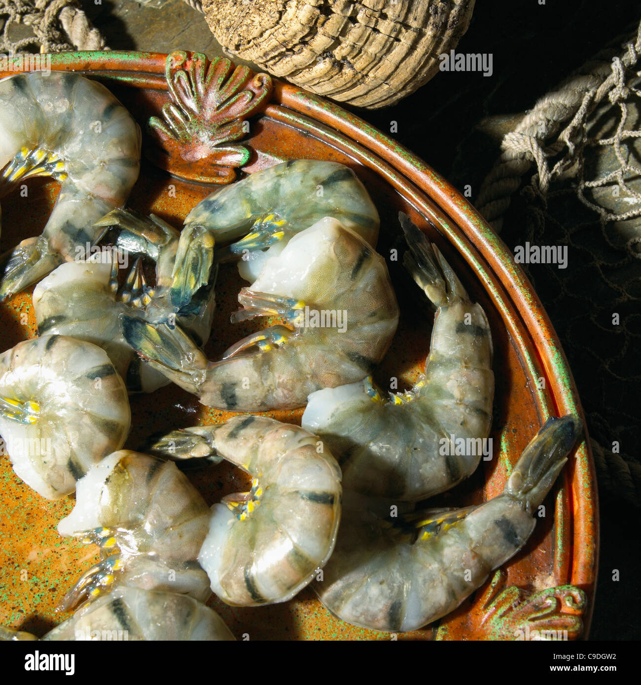 Close-up of black tiger shrimp on a platter (Penaeus monodon) Stock Photo