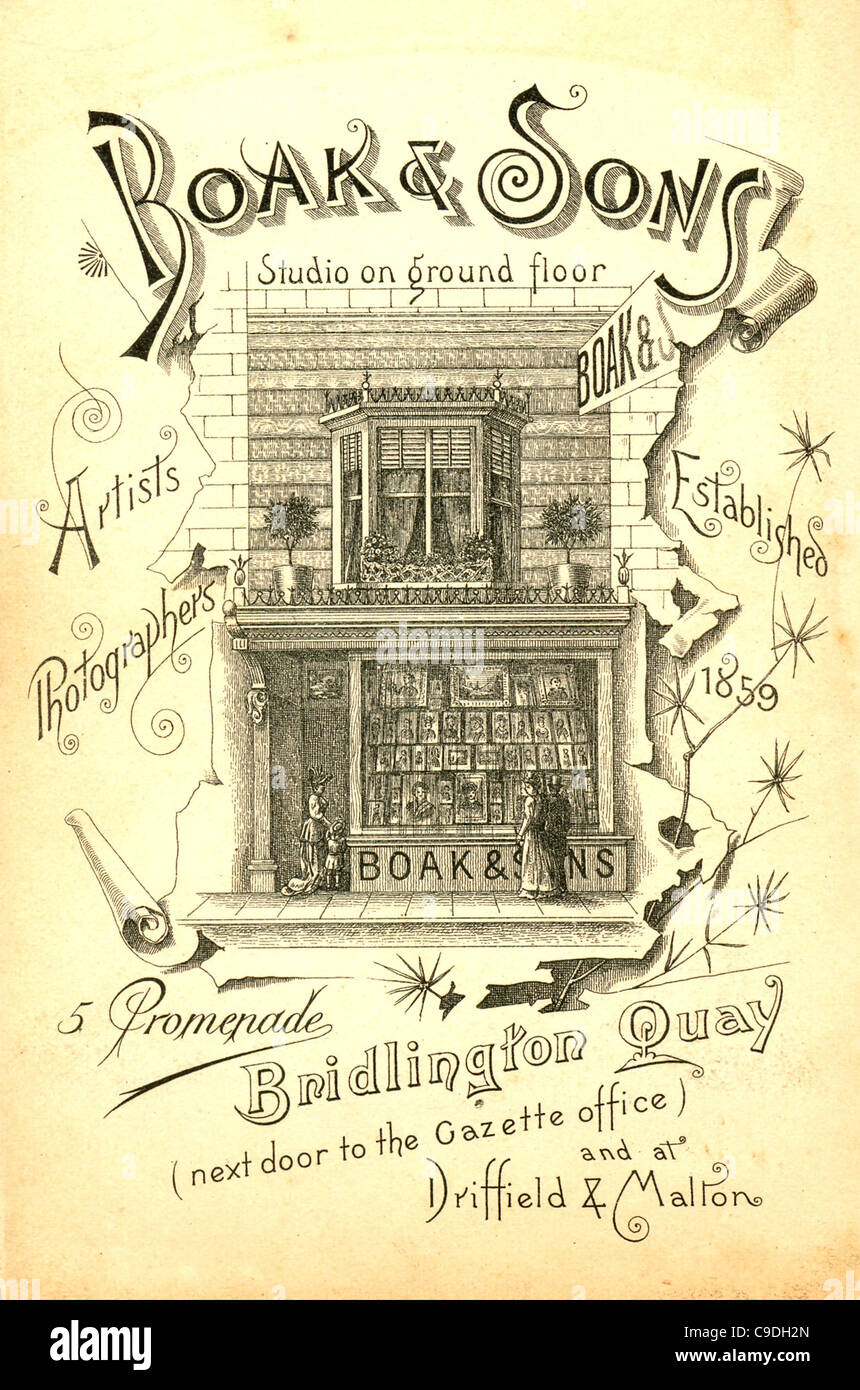Cabinet photograph back showing photographer's premises of Boak & Sons Bridlington Quay, Yorkshire circa 1885 Stock Photo