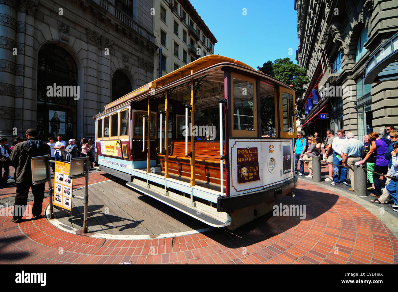 San Francisco cable car turntable and Market and Powell Streets, San Francisco, USA Stock Photo