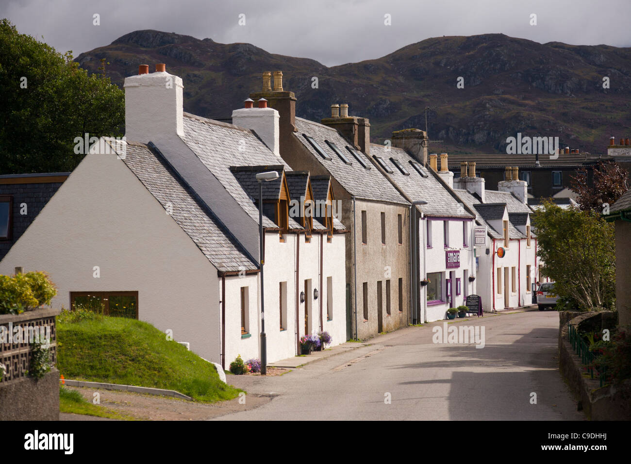 Gairloch Rossshire Scotland View of shops and houses from Strath road