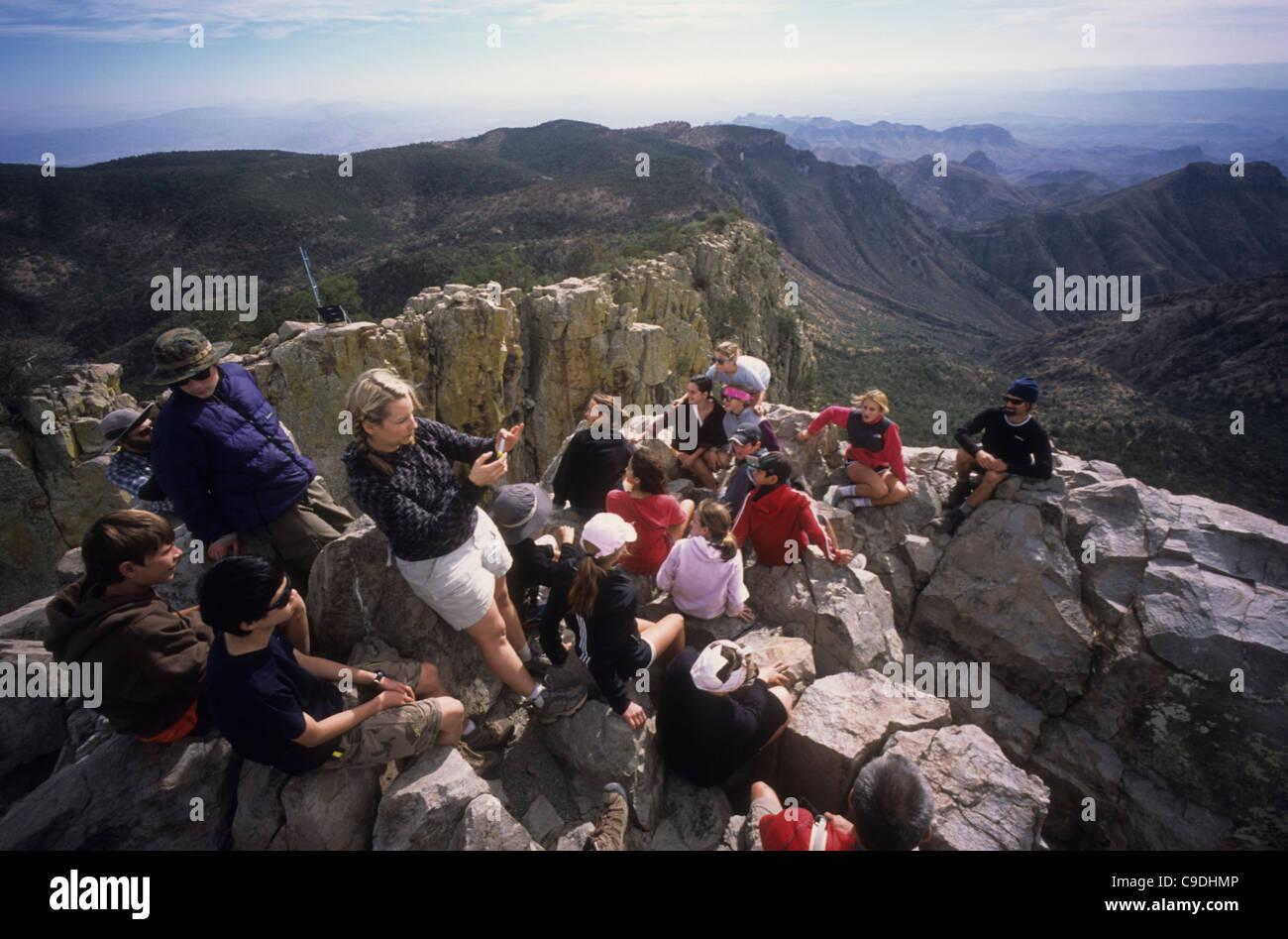 The panoramic view from Emory Peak (7,835 feet) the highest point in Big Bend National Park, Texas is popular with school groups Stock Photo