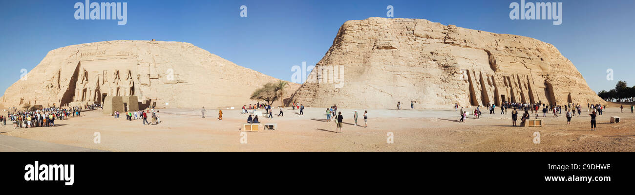 Egypt, Abu Simbel, Panorama view of rock cut Great Temple of Ramses II ...