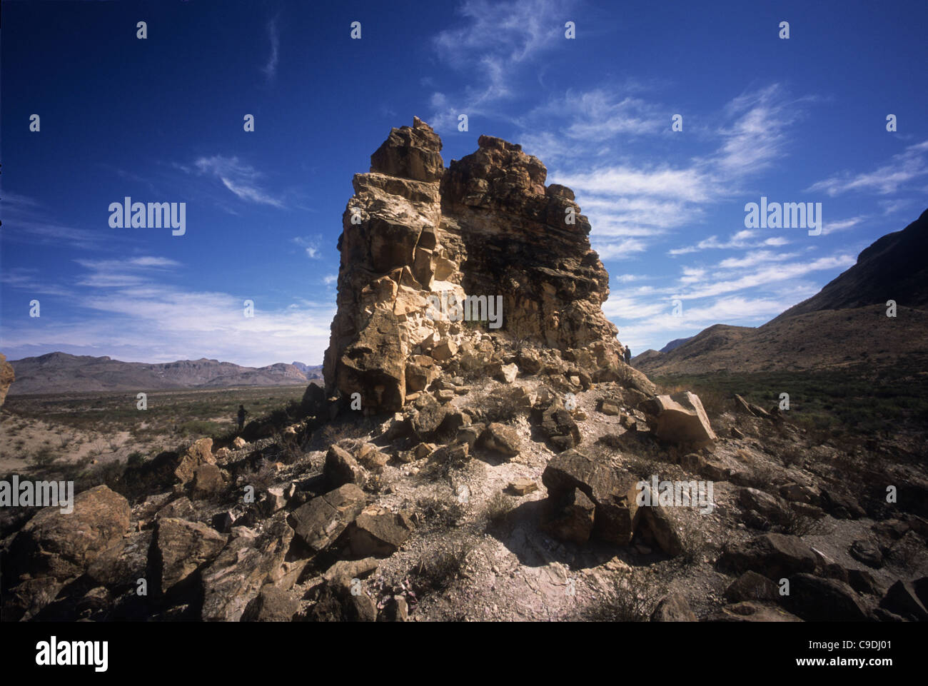 The Chimneys rock formation is a popular hiking spot on the west side of Big Bend National Park in west Texas. Stock Photo