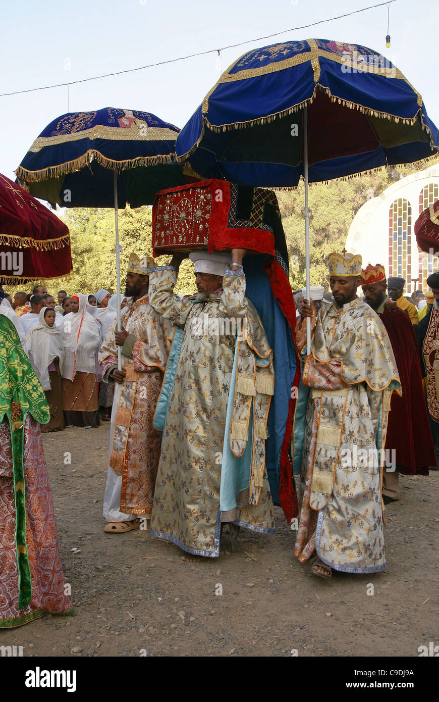 Ethiopian priest carries the tabot, a replica of the tablets of the biblical Ten Commandments during Timkat, Stock Photo