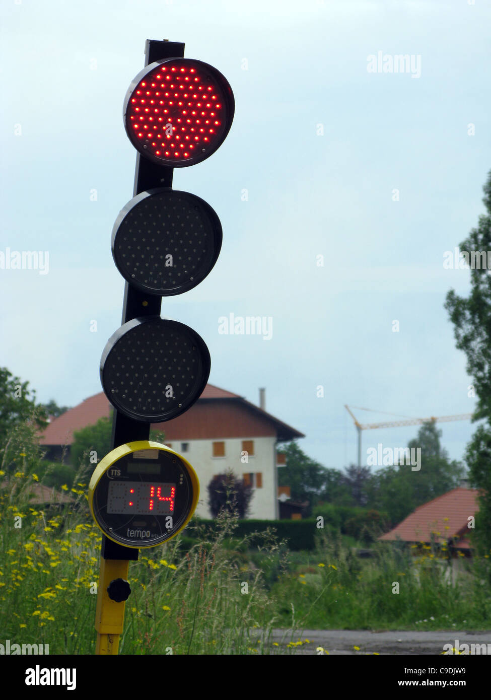 Traffic lights with countdown timer display to show when the light will change. Stock Photo
