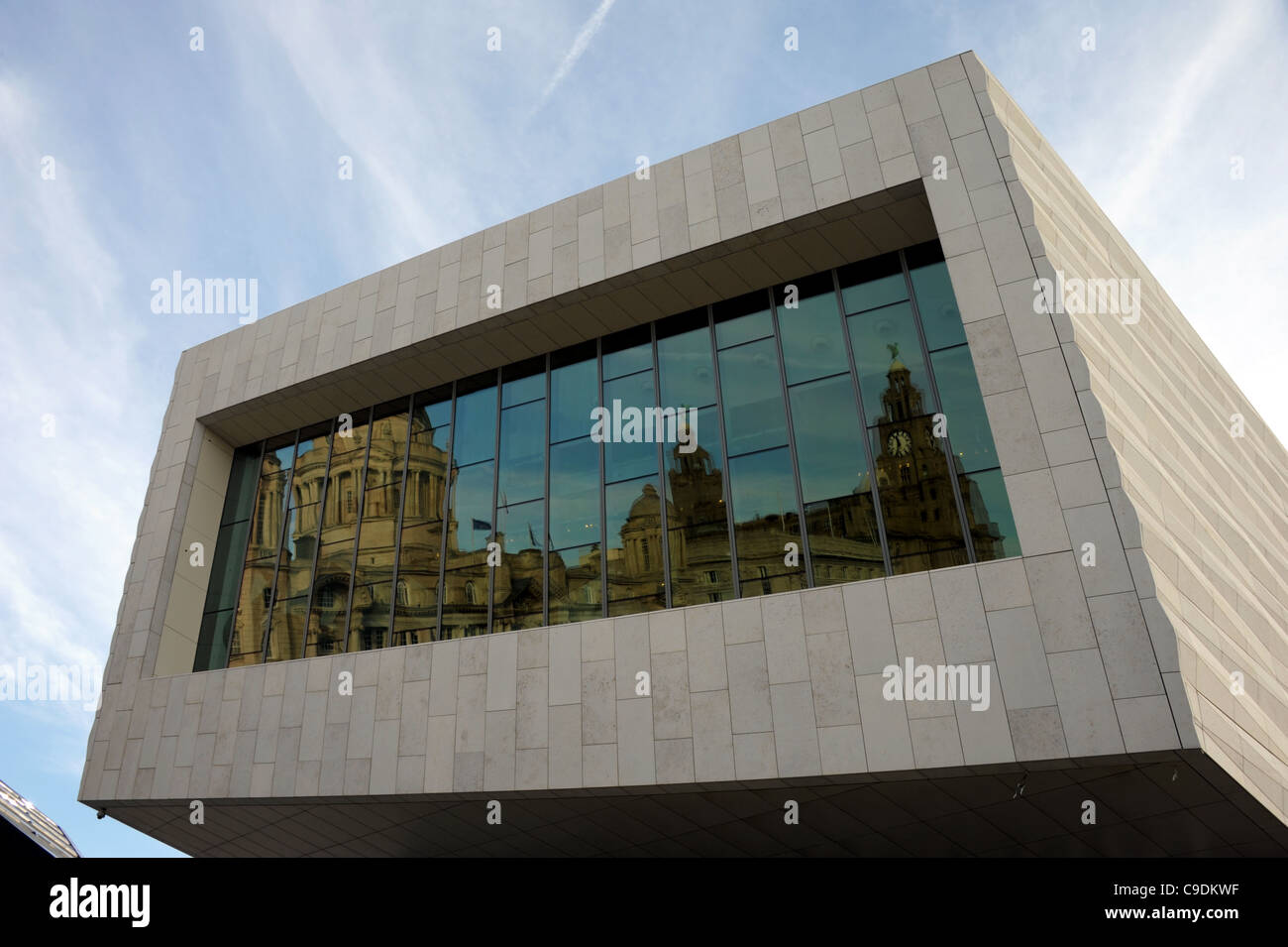 The LIver building reflected in the brand new Museum of Liverpool building, Liverpool, Merseyside, Britain, UK Stock Photo