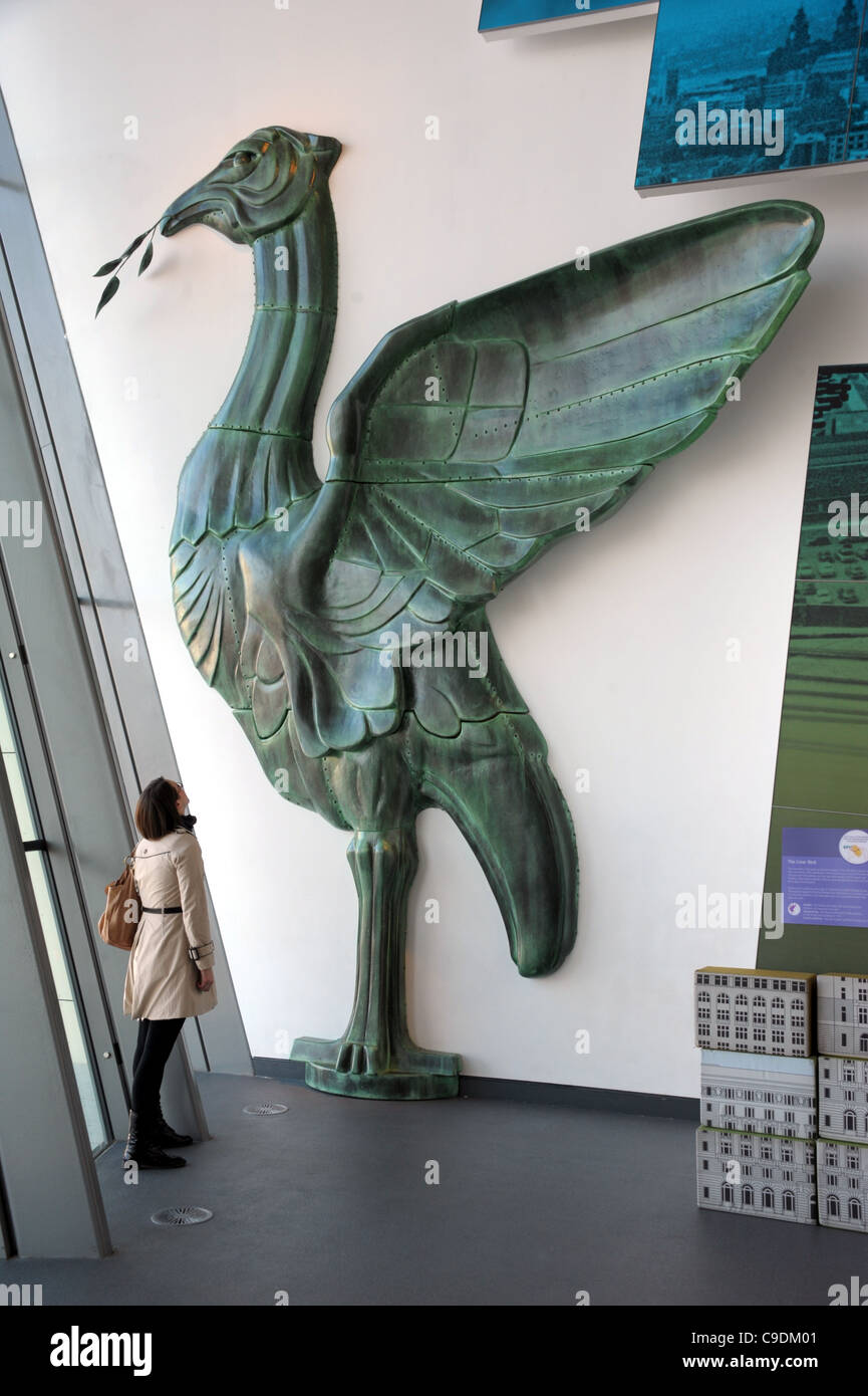 A person shows the size of a full scale model of a LIver Bird which is on the Liver Building nearby. Museum of Liverpool, UK Stock Photo