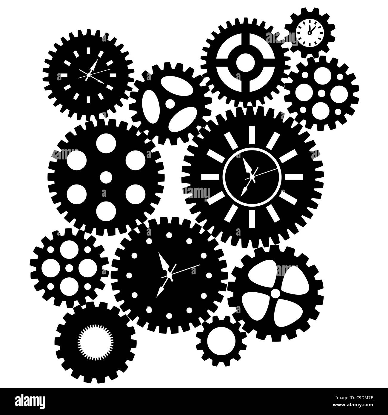Time Clock Gears Clipart Black SIlhouette Isolated on White Background Illustration Stock Photo