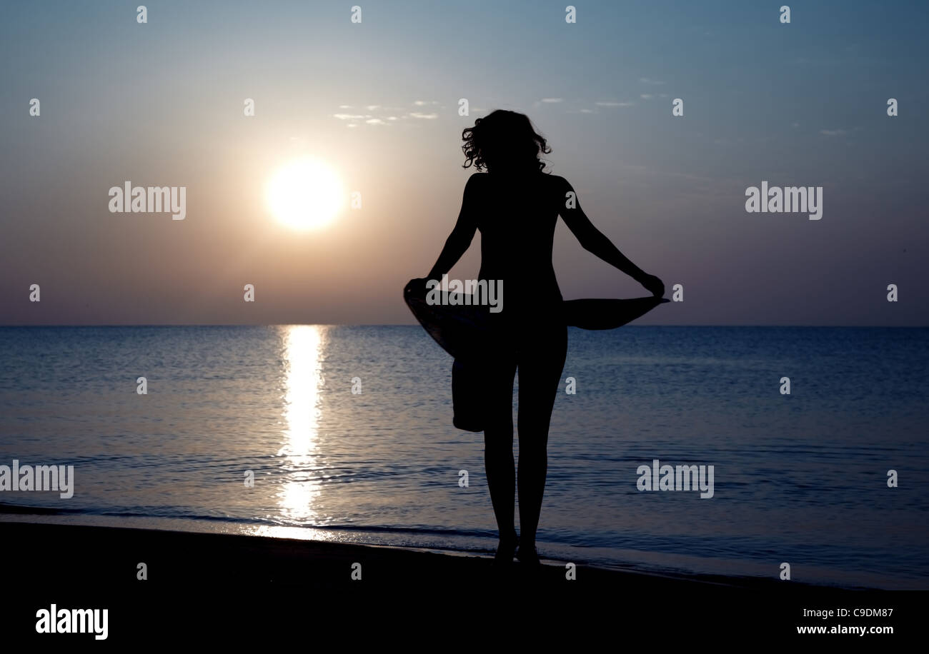 Silhouette of the woman standing at the beach during sunset Stock Photo ...