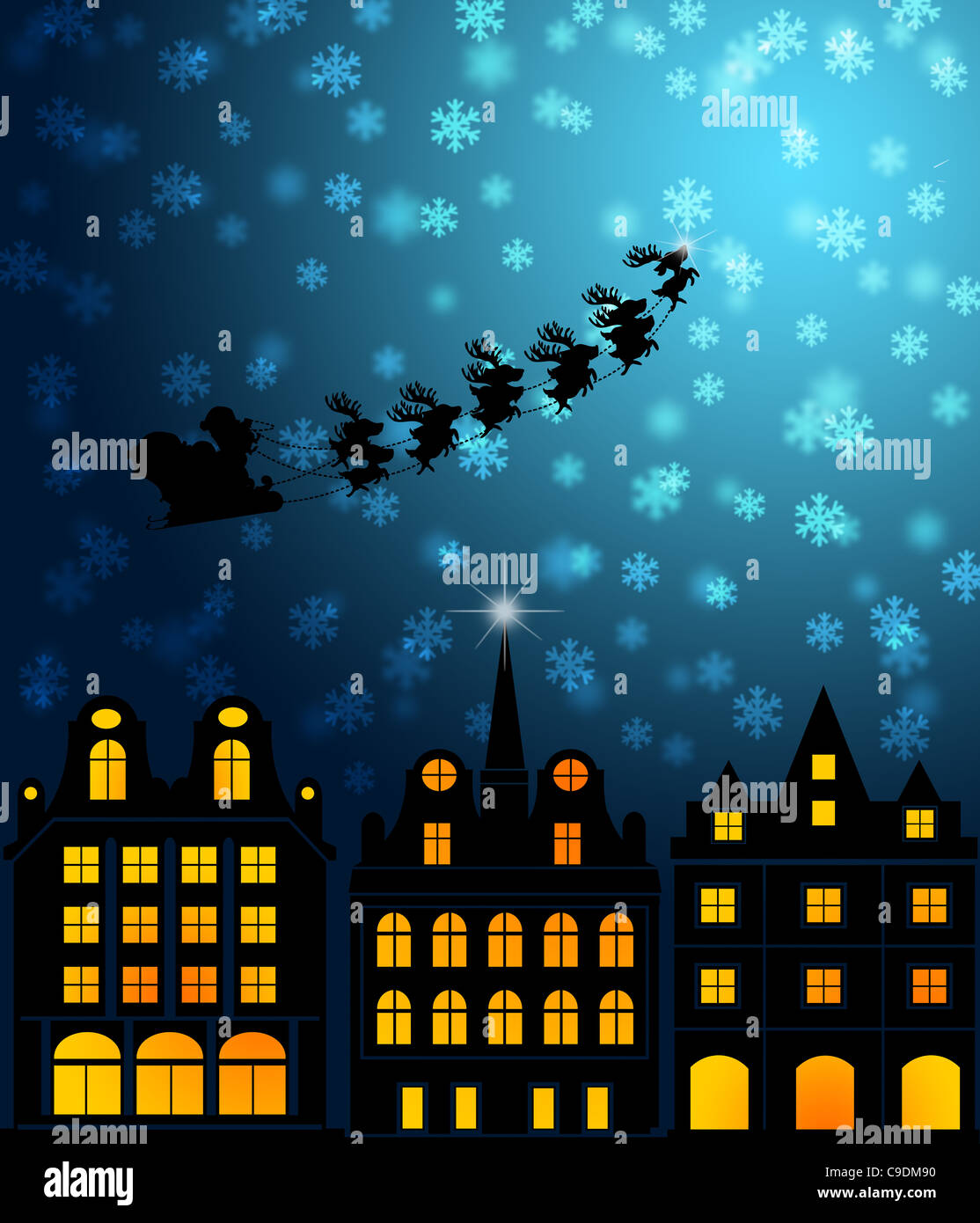 Santa Sleigh Reindeer Flying Over Victorian Houses on Snowy Night Illustration Stock Photo
