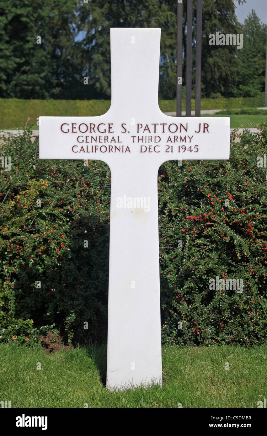 Inscription on the cross headstone of General George S. Patton Jr in the Luxembourg American Cemetery, Luxembourg. Stock Photo