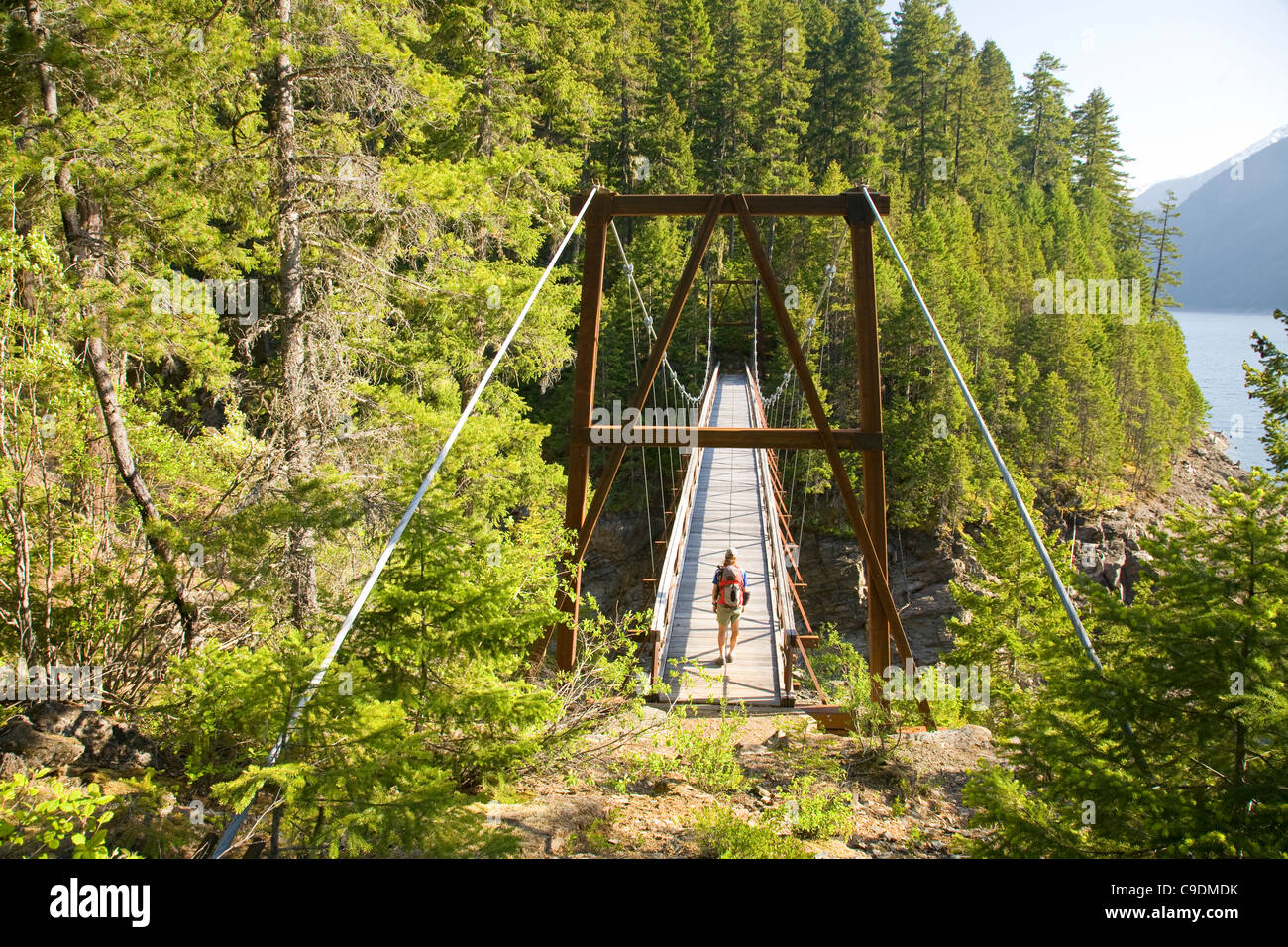 Hiker on the suspension bridge crossing Devils Creek on the East Bank 