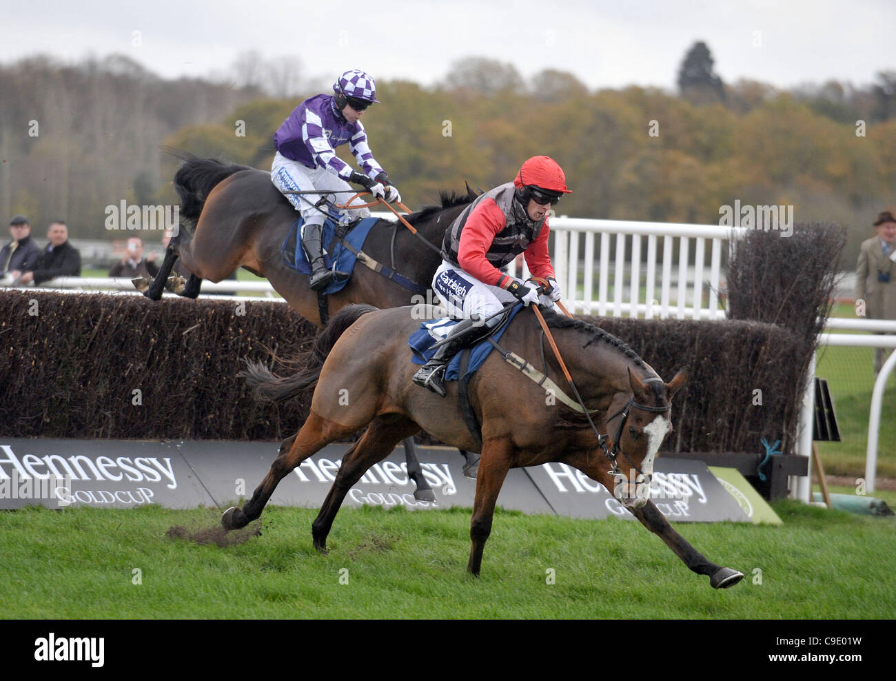 Ring Bo Ree ridden by Liam Heard in front of Ravastree ridden by Denis O'Regan take the last fence in the Sportingbet Novices´ Handicap Chase (for the Fulke Walwyn Trophy)  at Newbury Racecourse, Berkshire - 26/11/2011 - CREDIT: Martin Dalton/TGSPHOTO Stock Photo