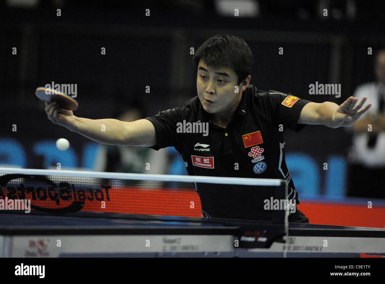 Hao WANG (CHN) the world #2, competes against Long MA (CHN) the world #1 during the ITTF Table Tennis Tour Grand Finals, ExCel Centre,  London, England November 27, 2011. Long Ma went on to win the tournament beating Zhang Jike in the final. Stock Photo