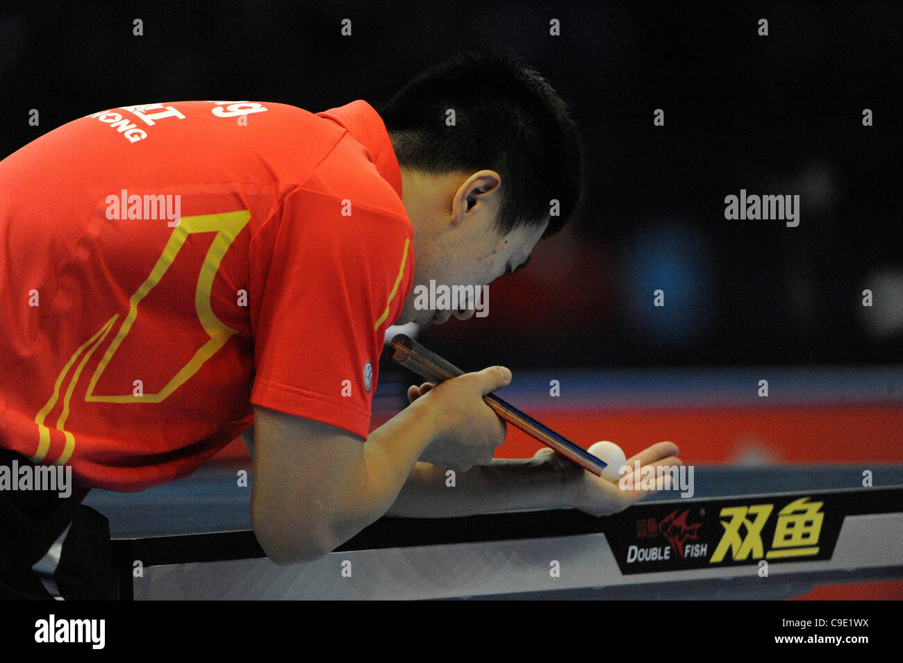 Long MA (CHN) the world #1, competes against  Hao WANG (CHN) the world #2, during the ITTF Table Tennis Tour Grand Finals, ExCel Centre,  London, England November 27, 2011. Long Ma went on to win the tournament beating Zhang Jike in the final. Stock Photo