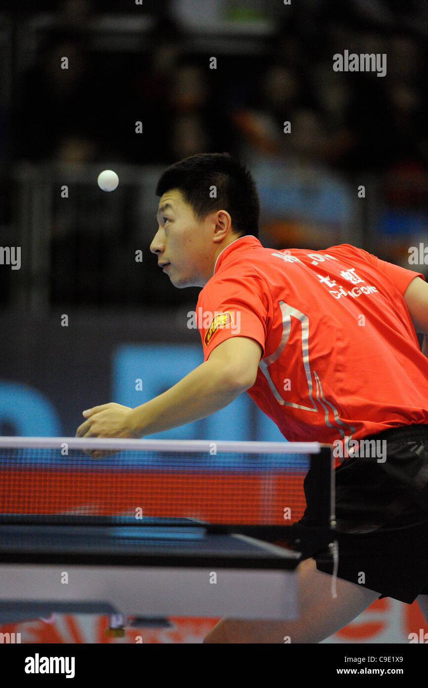 Long MA (CHN) the world #1, competes against  Hao WANG (CHN) the world #2, during the ITTF Table Tennis Tour Grand Finals, ExCel Centre,  London, England November 27, 2011. Long Ma went on to win the tournament beating Zhang Jike in the final. Stock Photo