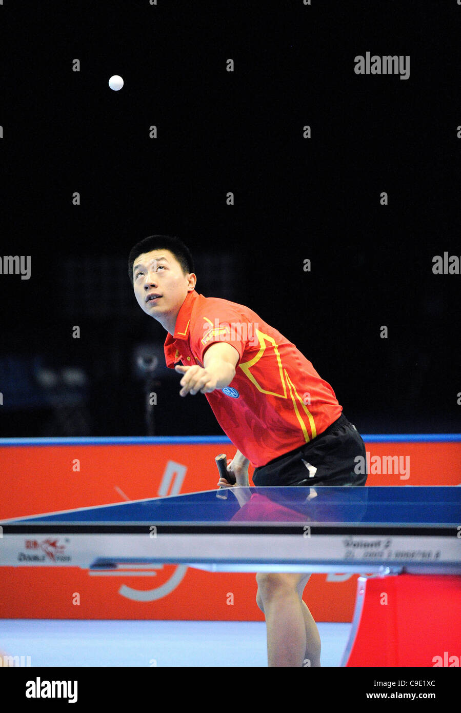 Long MA (CHN) the world #1, competes against  Hao WANG (CHN) the world #2, during the ITTF Table Tennis Tour Grand Finals, ExCel Centre,  London, England November 27, 2011. Long Ma went on to win the tournament beating Zhang Jike in the final. Stock Photo