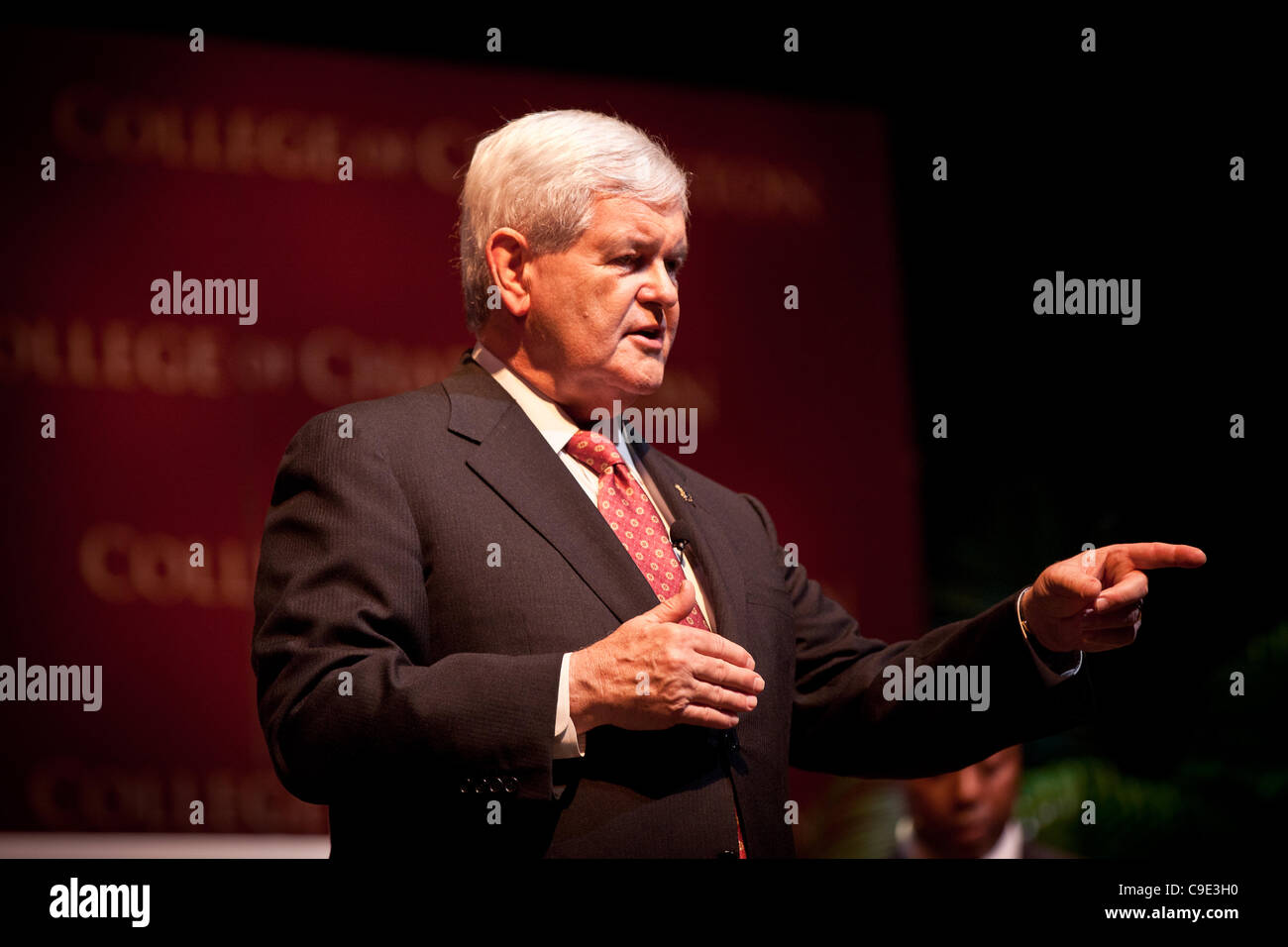Republican presidential candidate Newt Gingrich at a townhall meeting at the College of Charleston on November 28, 2011 in Charleston, South Carolina.  The event is hosted by Republican Rep. Tim Scott. Stock Photo