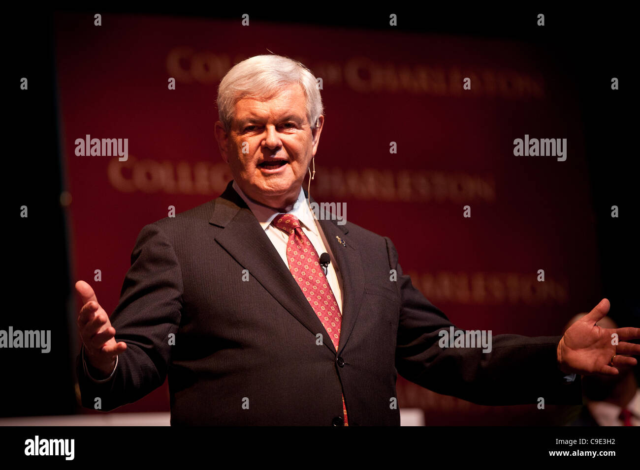 Republican presidential candidate Newt Gingrich at a townhall meeting at the College of Charleston on November 28, 2011 in Charleston, South Carolina.  The event is hosted by Republican Rep. Tim Scott. Stock Photo