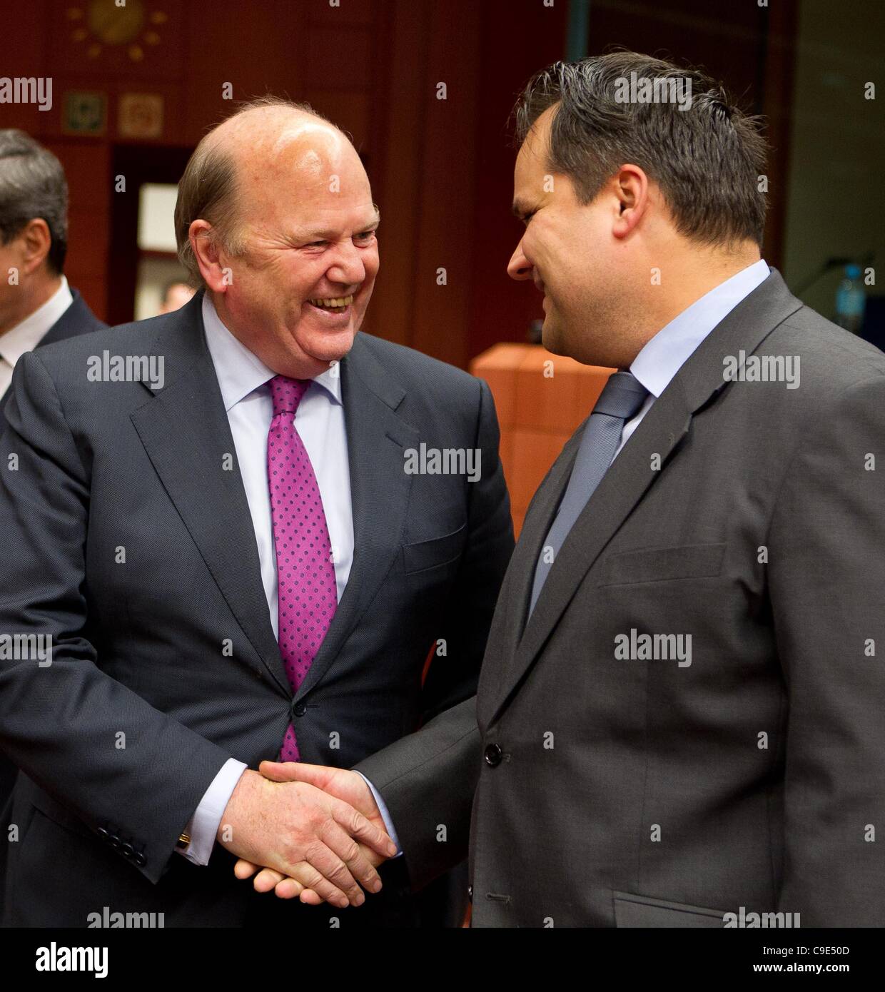 Pictured at the Eurogroup meeting of Finance Ministers of the eurozone were, left to right, Michael Noonan, Finance Minister, Ireland. Jan Kees de Jager, Finance Minister, Netherlands. Stock Photo