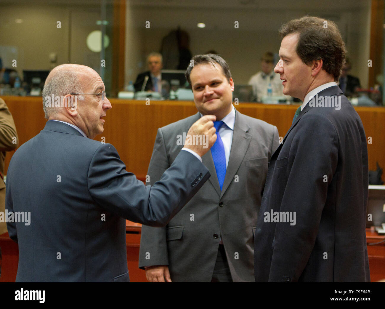 Pictured at the Ecofin meeting of European Finance Ministers  Joaquín Almunia, Vice-President of the European Commission. Jan Kees de Jager, Finance Minister, . British Chancellor of the Exchequer, George Osborne. Stock Photo