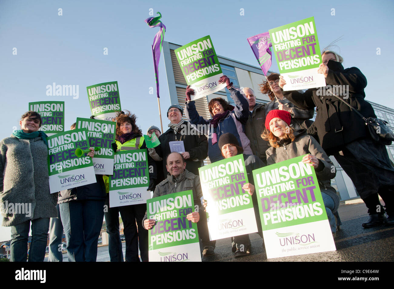 Aberystwyth, UK, Nov 30th, 2011. Unison union members picketing outside