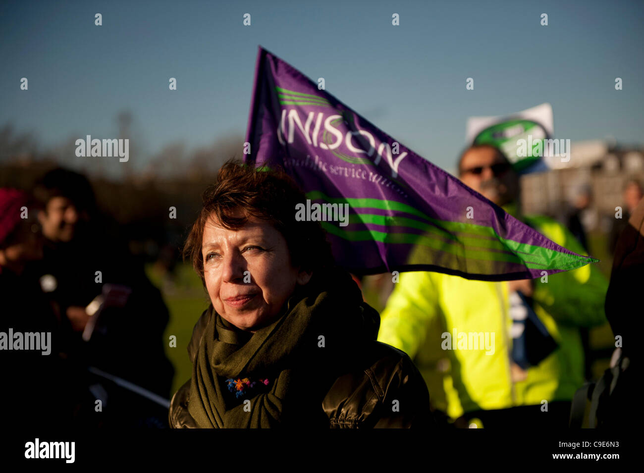Cambridge, UK. 30th, Nov, 2011.Striking public sector workers meet on Parkers Piece in the University City of Cambridge, England Stock Photo