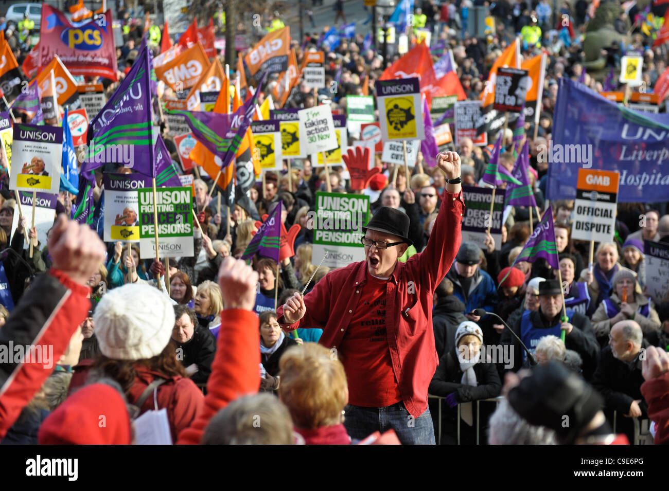 Liverpool, UK. 30th Nov, 2011. Public sector strikers rally at St George's Hall Liverpool. An estimated two million public sector union members took part across the UK. Stock Photo