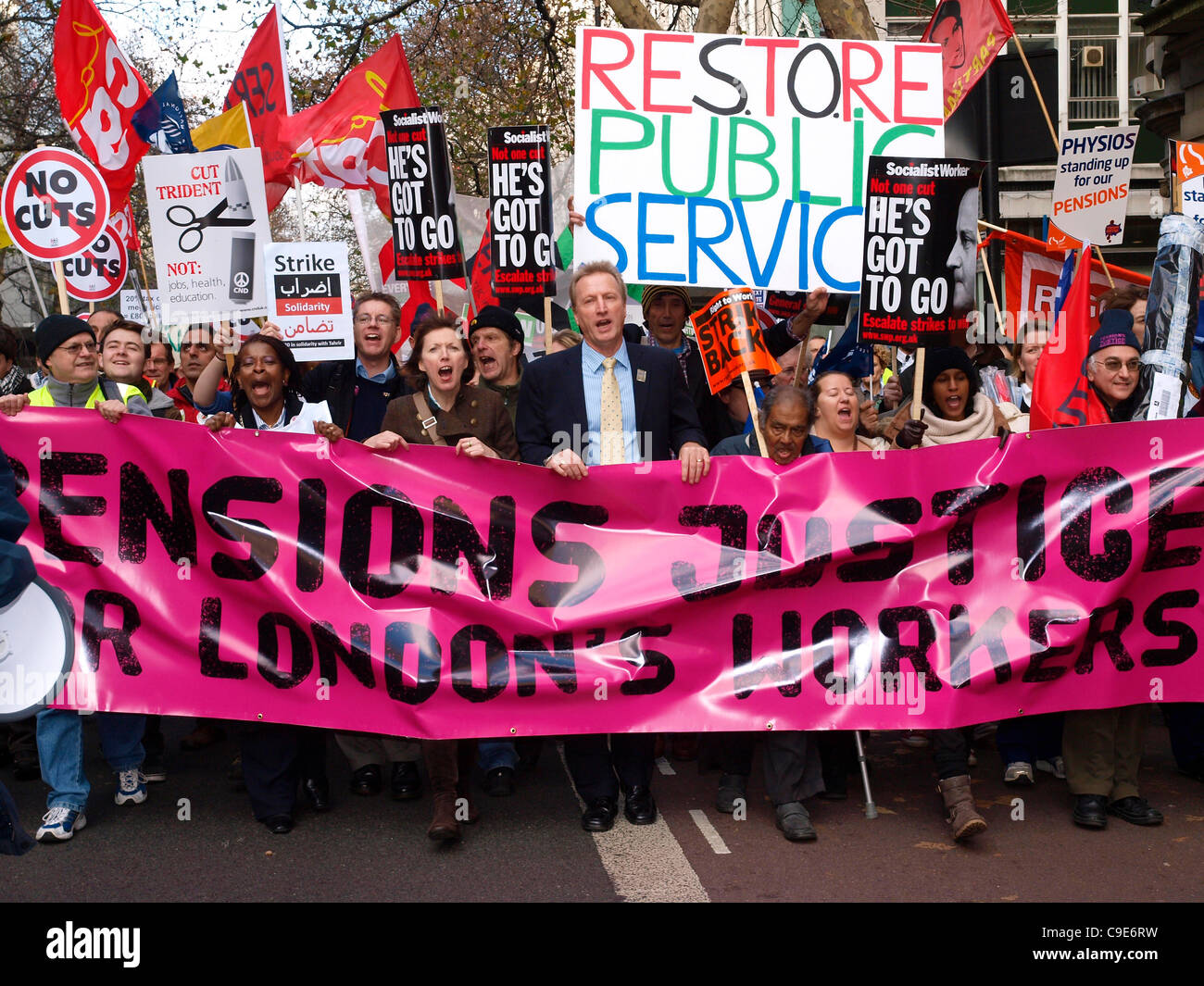 London, UK, 30/11/2011. Union leaders and public sector workers march at the main demonstration in London against cuts to pensions.  An estimated two million public sector workers went on strike across the UK in protest at the governments changes to public sector pensions. Stock Photo