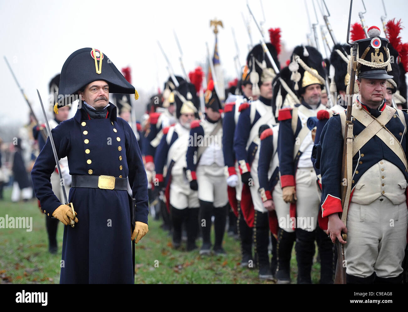 Members of a military history fan club are seen during the re-enactment of the Battle of Three Emperors at Slavkov, formerly Austerlitz, Czech Republic, on Saturday, December 3, 2011. History enthusiasts from the Czech Republic and abroad re-enacted the battle in which Napoleon's troops defeated Rus Stock Photo