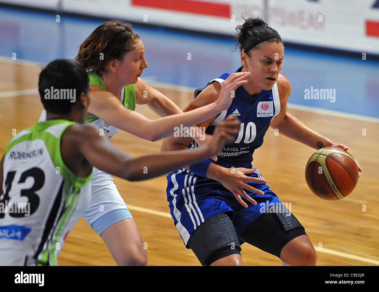 Basketball Euroleague Women, Group C, Frisco Sika Brno vs Montpellier, in Brno, Czech Republic, on Wednesday, December 7, 2011. From left to right Ashley Robinson and Tereza Peckova of Brno, and Kristen Mann of Montpellier. (CTK Photo/Igor Sefr) Stock Photo