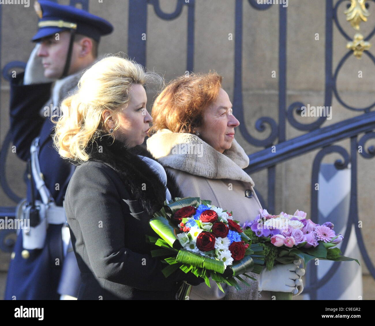 Livia Klausova (right), wife of Czech President Vaclav Klaus and Svetlana Medvedeva, wife of Russian president Dmitry Medvedev pictured at the Prague Castle on Thursday, Dec 8, 2011. Medvedev is on an one-day visit to the Czech Republic. (CTK Photo/Michal Dolezal) Stock Photo