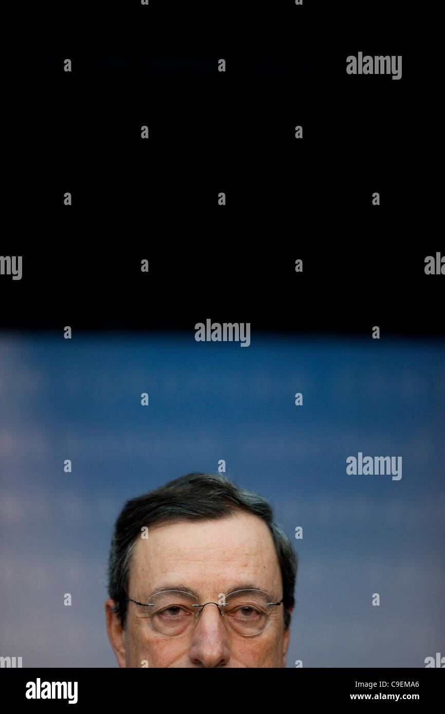 European Central Bank, Frankfurt, Germany. 08.12.2011 Picture shows Mario Draghi, President of the European Central Bank. The ECB announced emergency measures to unblock a Lehman style paralysis in the financial markets, emerging that German banks were more fragile than the markets feared. Stock Photo