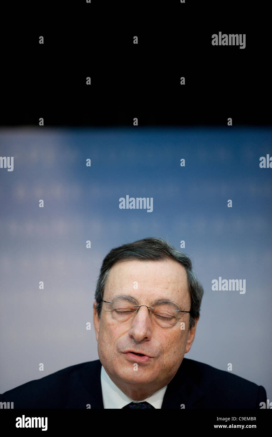 European Central Bank, Frankfurt, Germany. 08.12.2011 Picture shows Mario Draghi, President of the European Central Bank. The ECB announced emergency measures to unblock a Lehman style paralysis in the financial markets, emerging that German banks were more fragile than the markets feared. Stock Photo