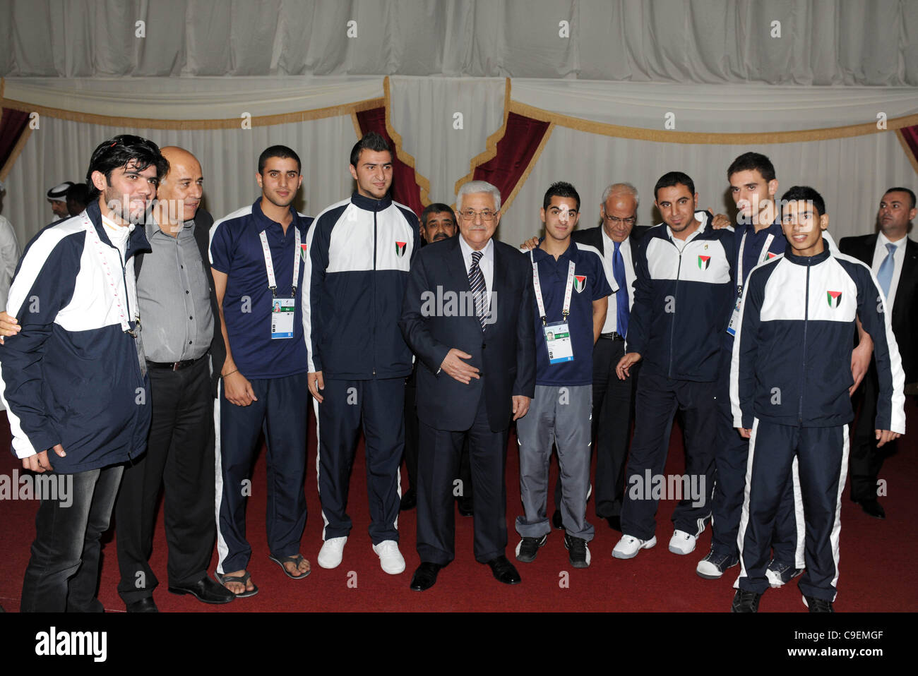 Dec. 8, 2011 - Qatar, Qatar, Qatar - Palestinian President Mahmoud Abbas (Abu Mazen) visits the members of Palestinian mission for Olympic Games in Qatar, in Qatar on Dec. 8,2011. Photo by Thaer Ganaim (Credit Image: © Thaer Ganaim   Apaimages/APA Images/ZUMAPRESS.com) Stock Photo