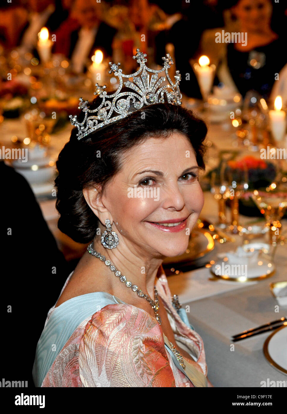 The gala dinner honoring the Nobel Prize Laureates in the Blue Hall in Stockholm City Hall on Saturday December 10th 2011. Queen Silvia of Sweden at the main table. Stock Photo