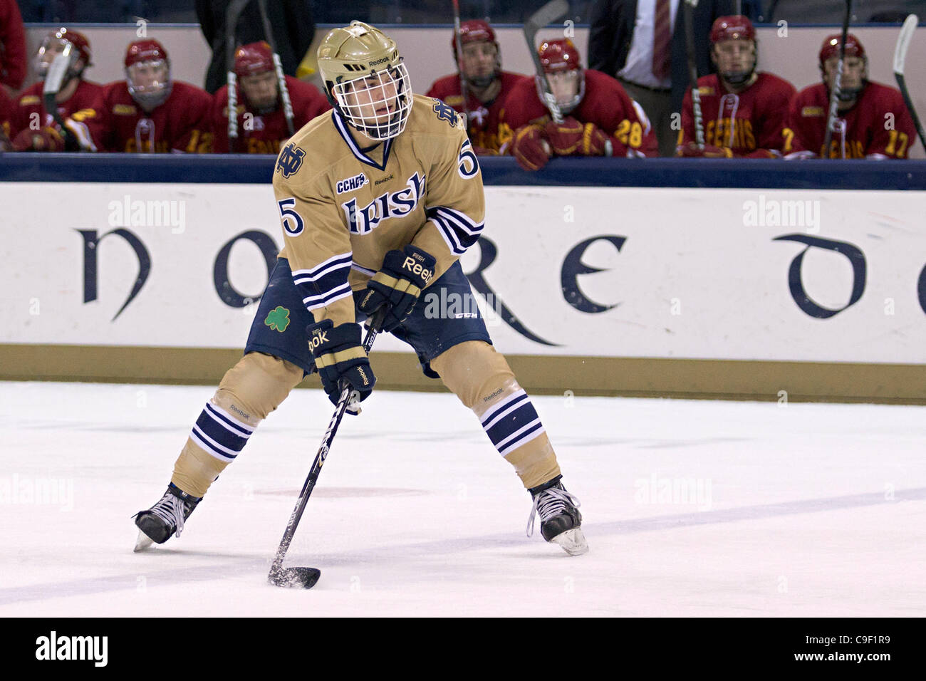 Dec. 10, 2011 - South Bend, Indiana, U.S - Notre Dame center Anders Lee  (#9) and Ferris State defenseman Michael Trebish (#23) exchange words in  second period action during NCAA hockey game