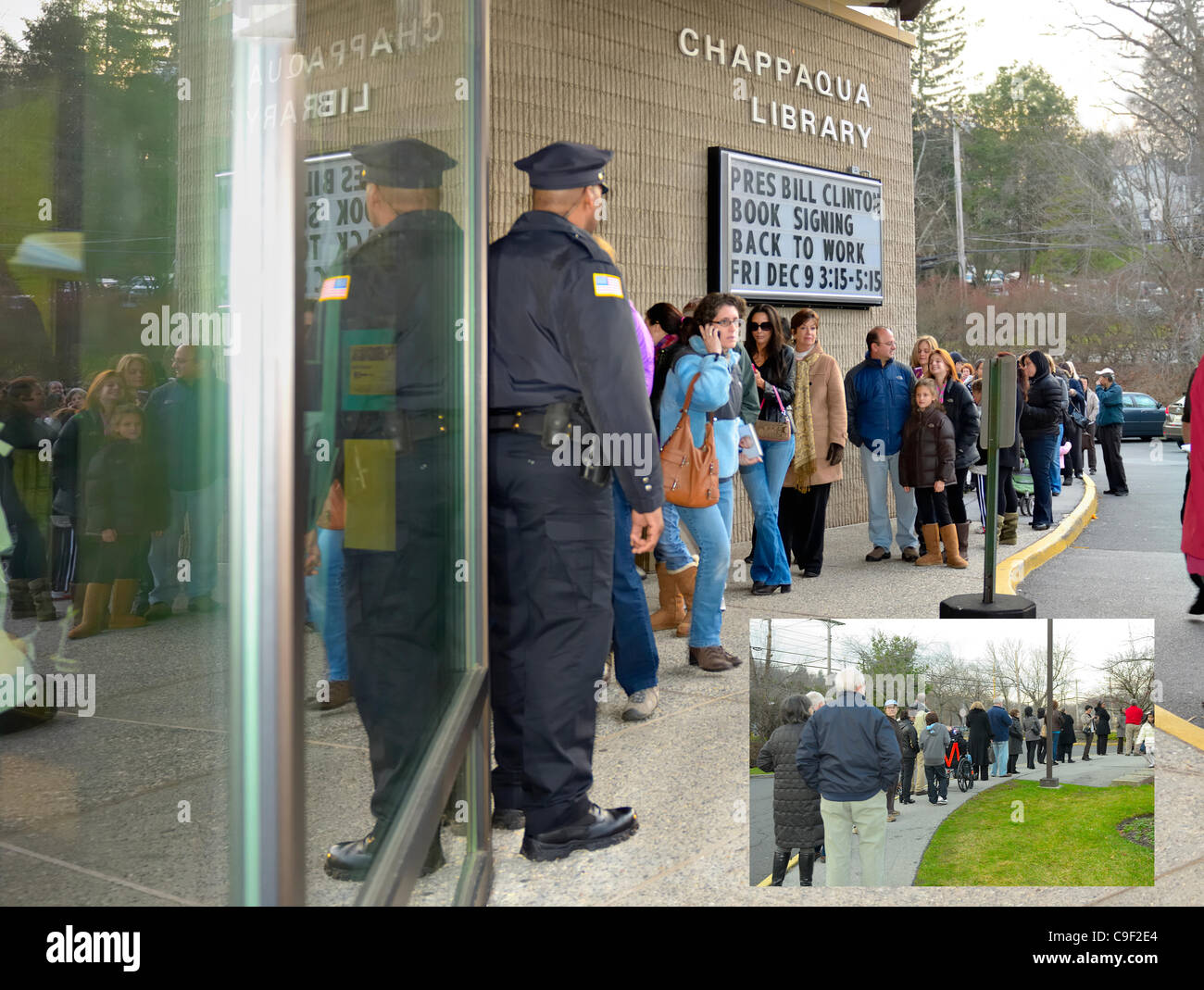 On Friday December 9, 2011, at 5:10 EST, the last of a crowd of approximately 500 attendees waits in line outside the Chappaqua Library for a chance to meet former US President Bill Clinton and have him sign a copy of his new book, Back to Work.  Inset shows crowds around the corner. Stock Photo