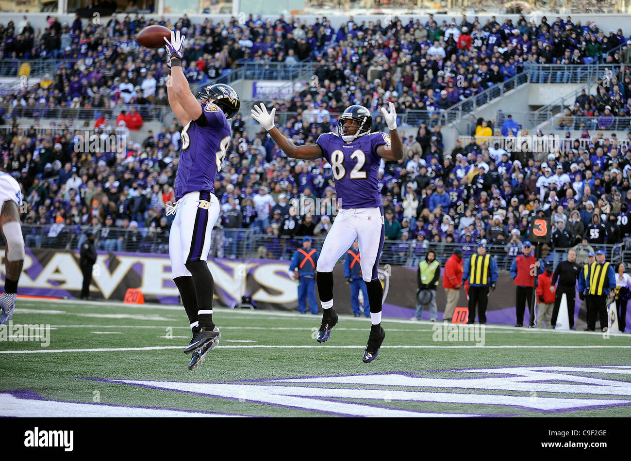 Dec. 11, 2011 - Baltimore, Maryland, U.S - Tight end Dennis Pitta (88) of the Baltimore Ravens hauls in a pass for a touchdown during an NFL game between the Baltimore Ravens and the Indianapolis Colts (Credit Image: © TJ Root/Southcreek/ZUMApress.com) Stock Photo