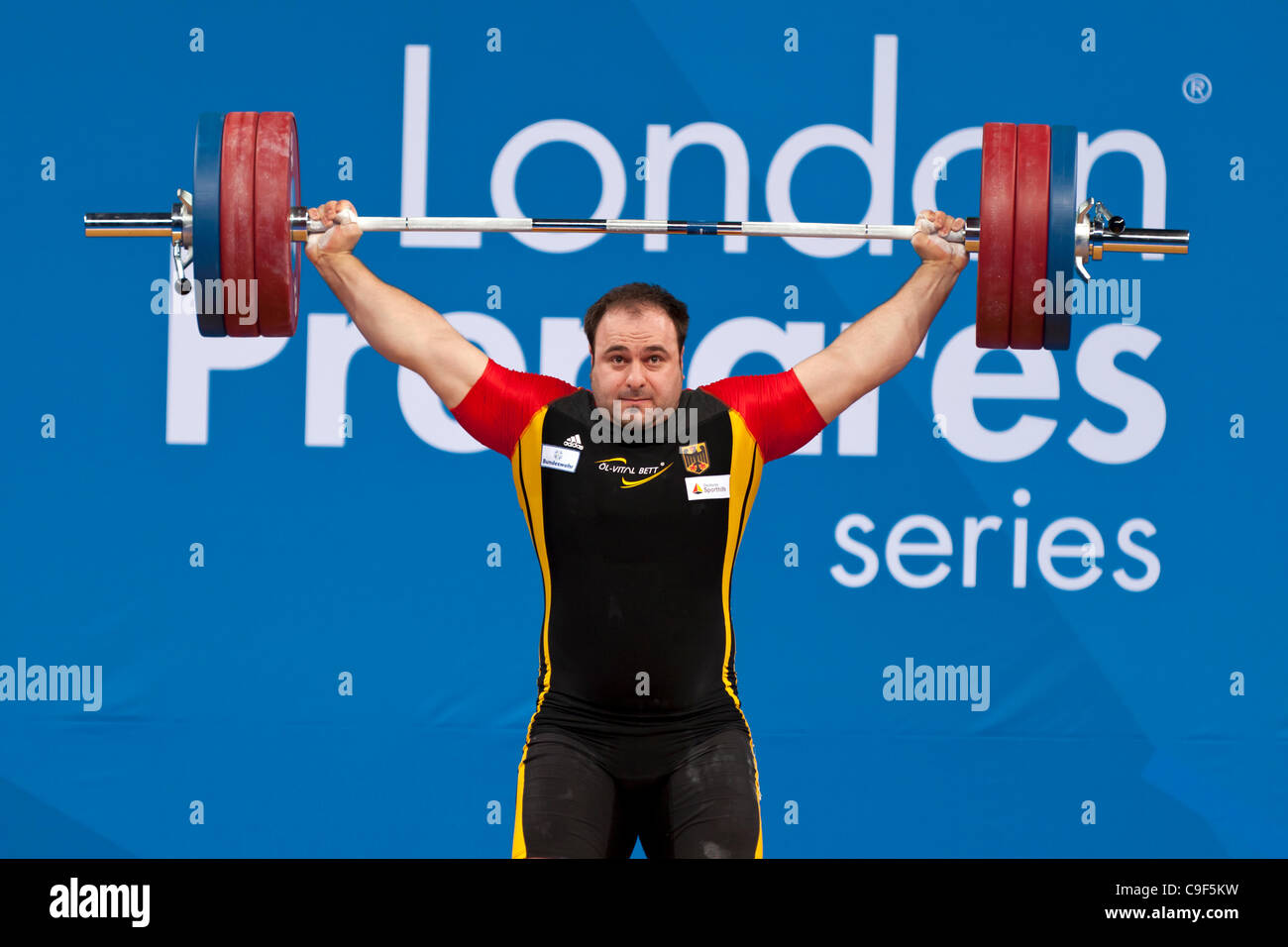 Almir VELAGIC of Germany competing in the Men's +105kg London Prepares Weightlifting International Invitational, 10–11 Dec 11, ExCel, London, UK. Stock Photo