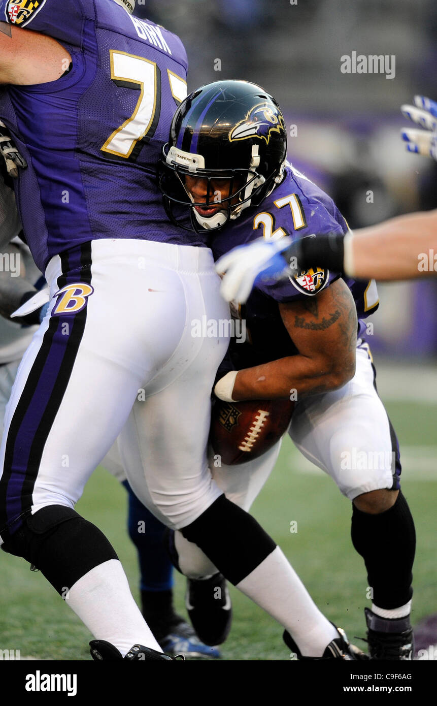 Dec. 11, 2011 - Baltimore, Maryland, U.S - Running back Ray Rice (27) of the Baltimore Ravens fumbles during an NFL game between the Baltimore Ravens and the Indianapolis Colts (Credit Image: © TJ Root/Southcreek/ZUMApress.com) Stock Photo