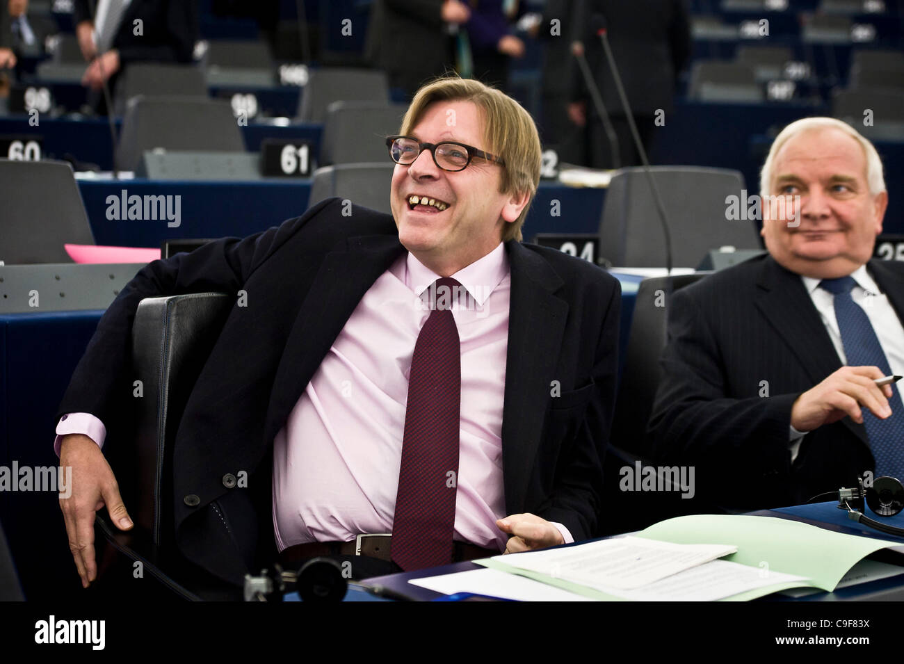 Dec. 13, 2011 - Strasbourg, Alsace, France - Belgian , Member of the European parliament (MEP) president of the Liberl group Guy Maurice Marie Louise Verhofstadt  (L) and Joseph Daul MEP, Chairman of the EPP Group  during the debate on the results of EU Summit  at the European Parliament headquarter Stock Photo