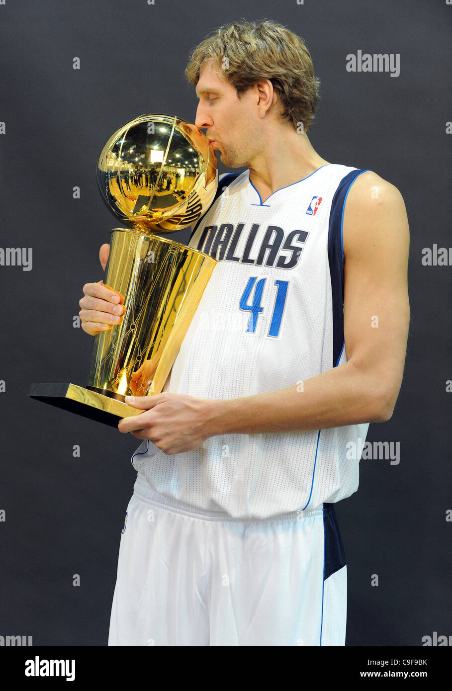 December 13, 2011: Dallas Mavericks point guard Jason Kidd #2 poses with  the Larry O'Brien Championship trophy during Dallas Mavericks Media Day at  the American Airlines in Dallas, TX(Credit Image: © Albert